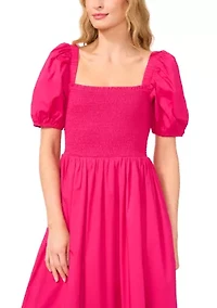 Women's Short Sleeve Smock Eyelet Midi Dress