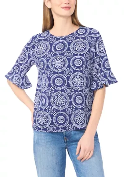 Women's Ruffle Sleeve Medallion Print Blouse