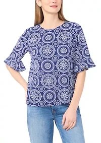 Women's Ruffle Sleeve Medallion Print Blouse
