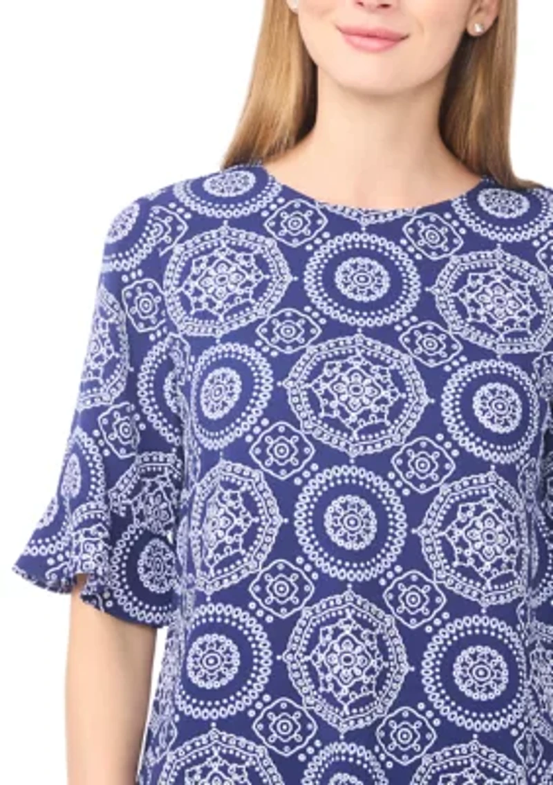 Women's Ruffle Sleeve Medallion Print Blouse