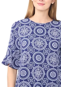 Women's Ruffle Sleeve Medallion Print Blouse