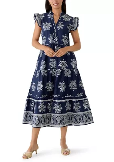 Women's Flutter Sleeve Tiered Border Midi Dress