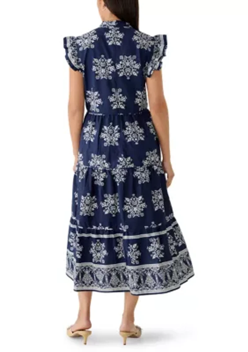 Women's Flutter Sleeve Tiered Border Midi Dress