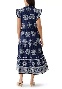 Women's Flutter Sleeve Tiered Border Midi Dress