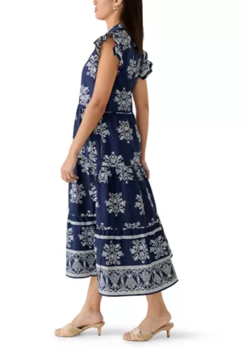 Women's Flutter Sleeve Tiered Border Midi Dress