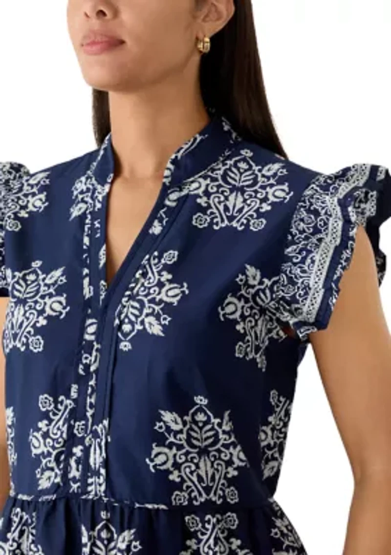 Women's Flutter Sleeve Tiered Border Midi Dress