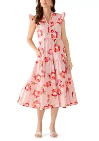 Women's Flutter Sleeve Tiered Floral Midi Dress