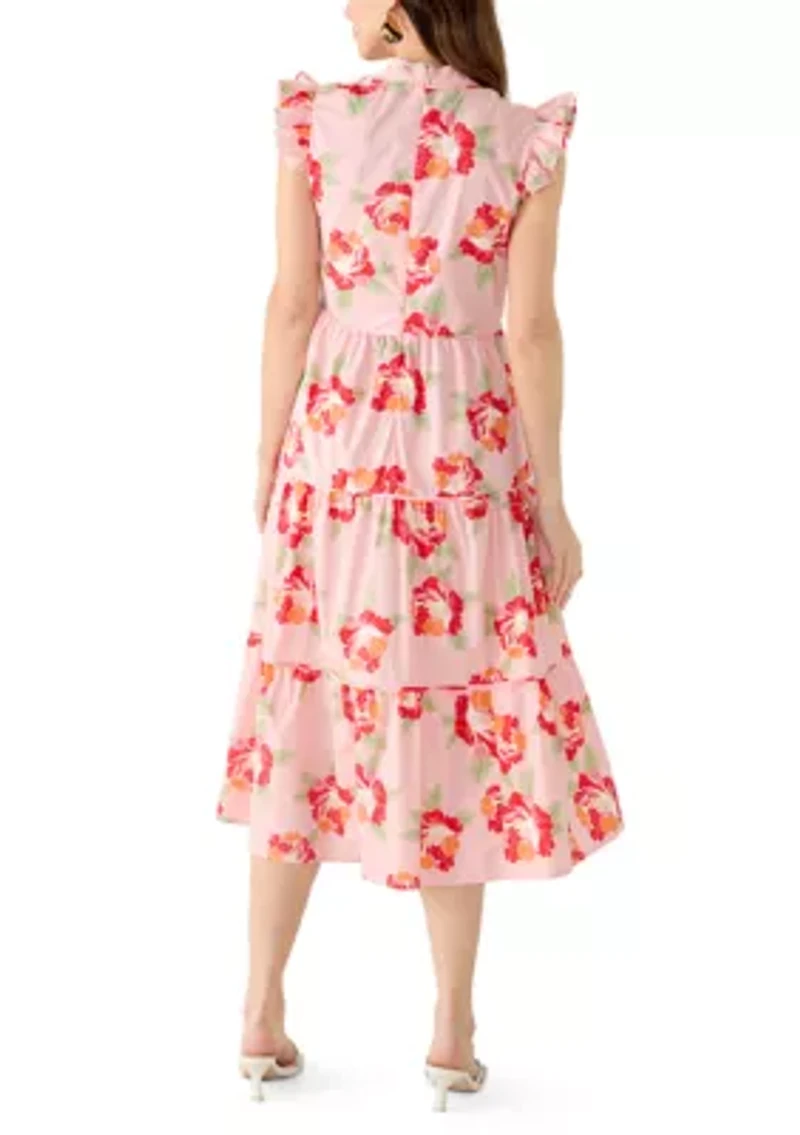 Women's Flutter Sleeve Tiered Floral Midi Dress