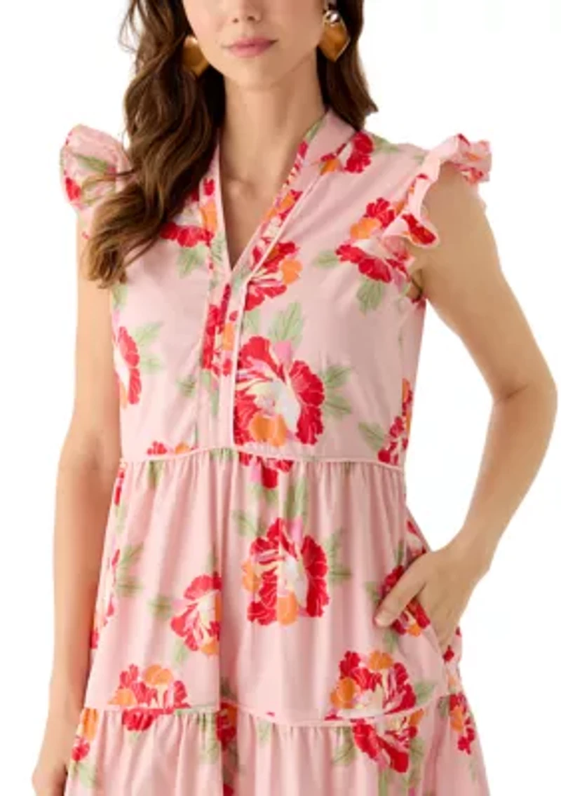 Women's Flutter Sleeve Tiered Floral Midi Dress
