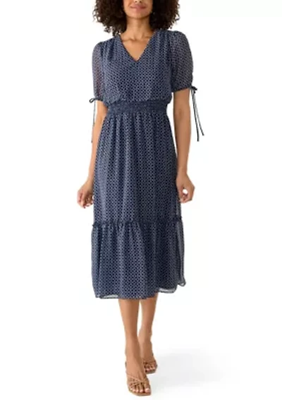 Women's Tie Short Sleeve V-Neck Smock Waist Geometric Print Dress