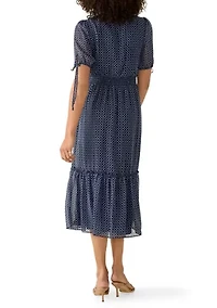 Women's Tie Short Sleeve V-Neck Smock Waist Geometric Print Dress