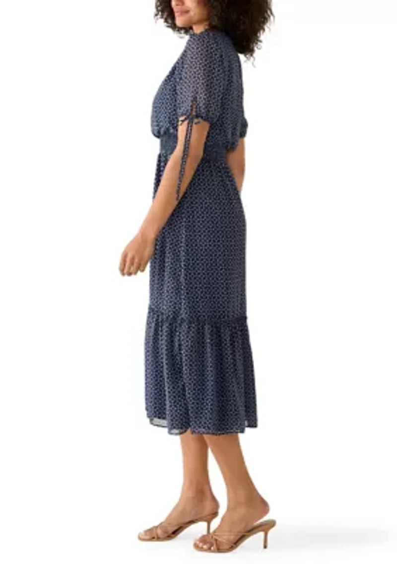 Women's Tie Short Sleeve V-Neck Smock Waist Geometric Print Dress