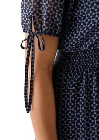 Women's Tie Short Sleeve V-Neck Smock Waist Geometric Print Dress