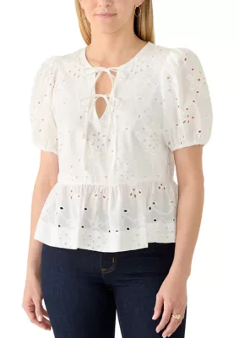 Women's Tie Front Peplum Eyelet Blouse