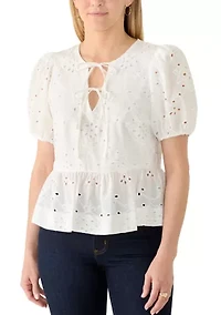 Women's Tie Front Peplum Eyelet Blouse