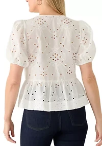 Women's Tie Front Peplum Eyelet Blouse