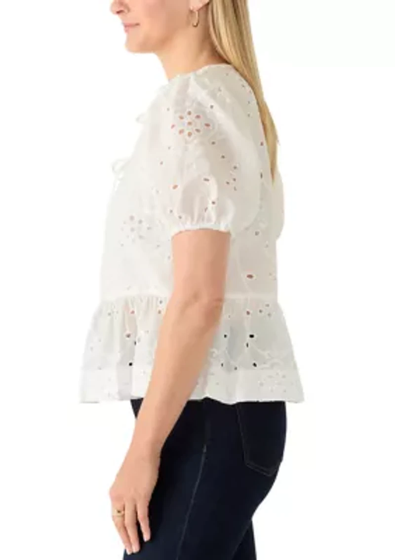 Women's Tie Front Peplum Eyelet Blouse