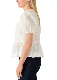 Women's Tie Front Peplum Eyelet Blouse