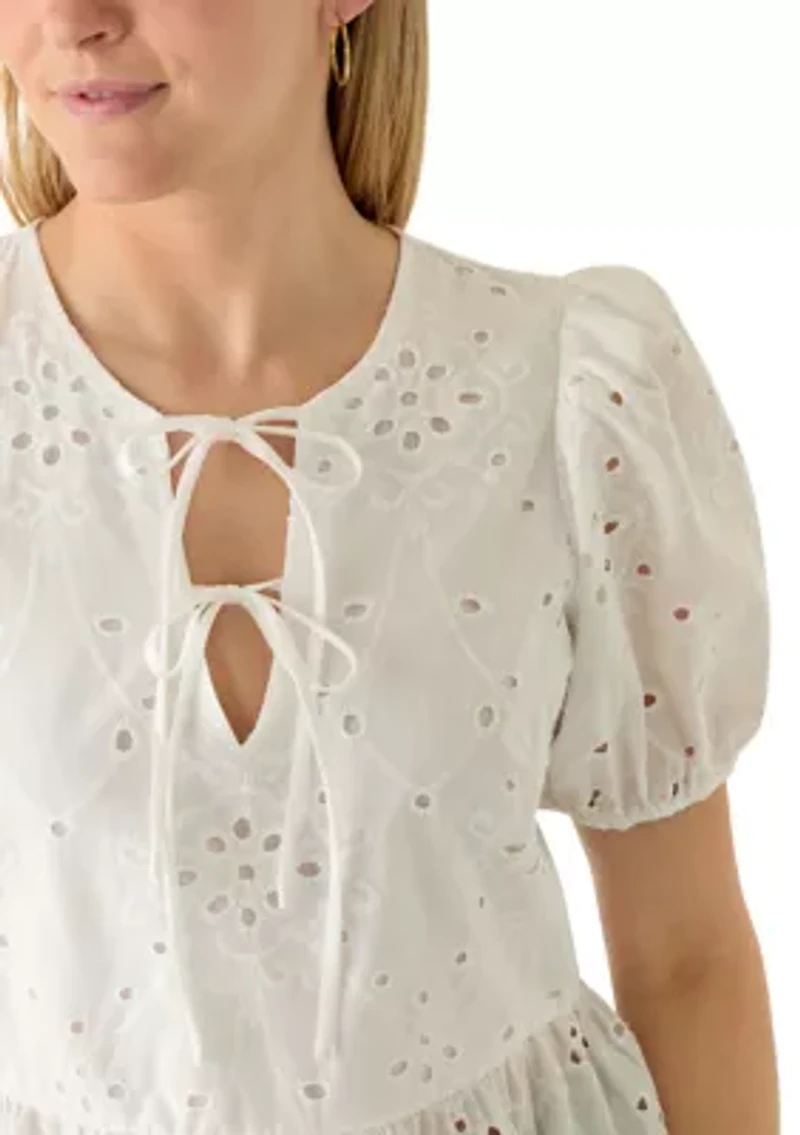 Women's Tie Front Peplum Eyelet Blouse