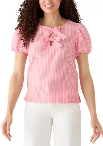Women's Puff Sleeve Blow Split Neck Striped Top