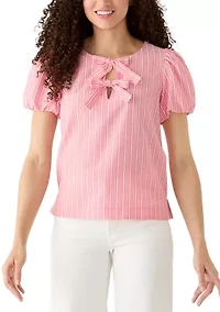 Women's Puff Sleeve Blow Split Neck Striped Top