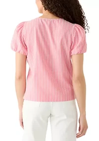 Women's Puff Sleeve Blow Split Neck Striped Top
