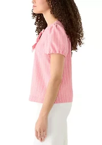 Women's Puff Sleeve Blow Split Neck Striped Top