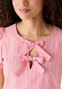 Women's Puff Sleeve Blow Split Neck Striped Top