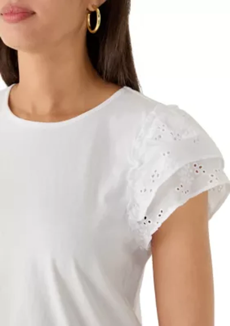 Women's Eyelet Sleeve Mixed Media Knit Dress