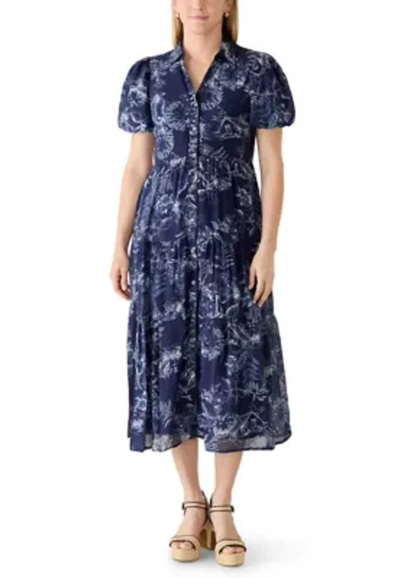 Women's Short Sleeve Toile Print Midi Shirtdress