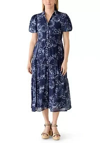 Women's Short Sleeve Toile Print Midi Shirtdress