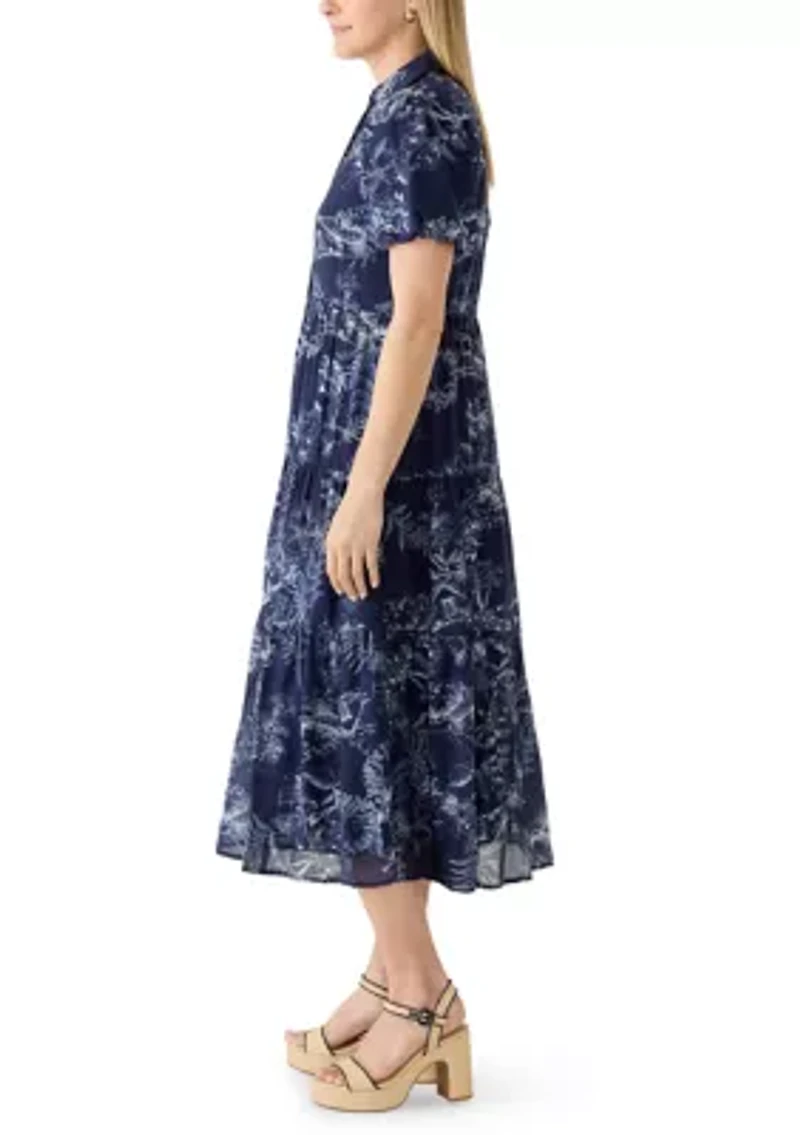 Women's Short Sleeve Toile Print Midi Shirtdress