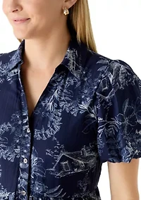 Women's Short Sleeve Toile Print Midi Shirtdress