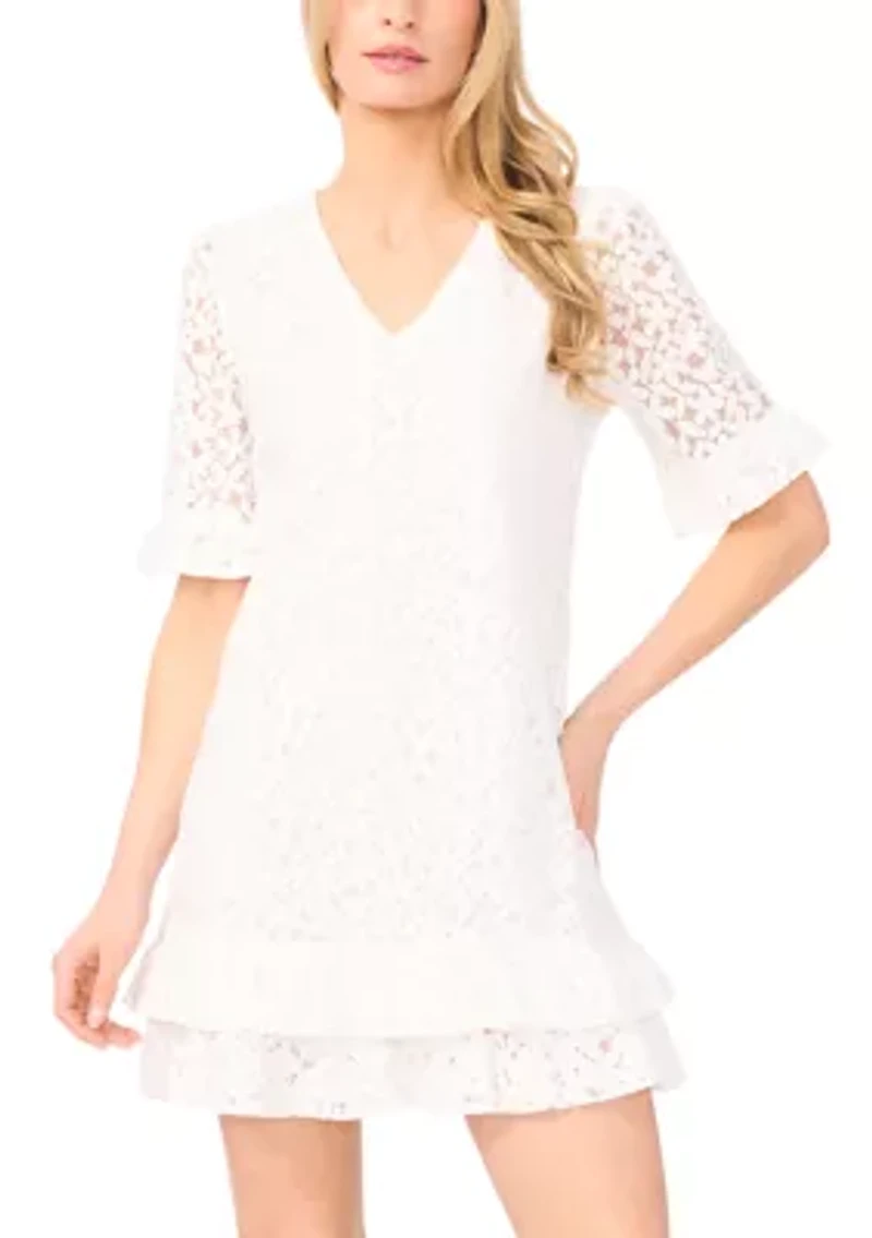WOmen's Short Sleeve V-Neck Lace Hem Dress