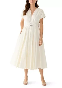 Women's V-Neck Belted Waist A-Line Dress