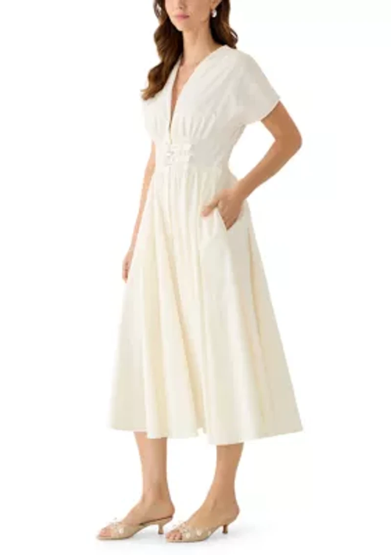 Women's V-Neck Belted Waist A-Line Dress
