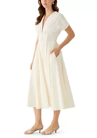 Women's V-Neck Belted Waist A-Line Dress