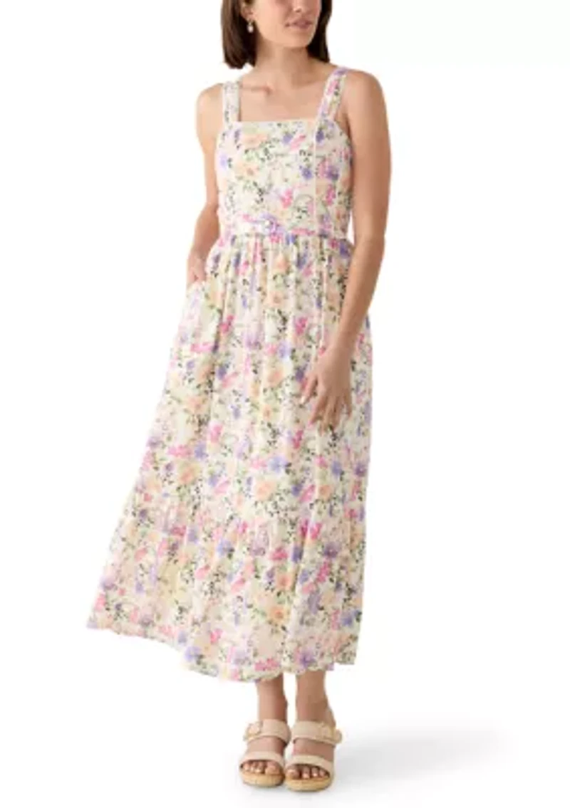 Women's Sleeveless Square Neck Floral Belted Midi Dress