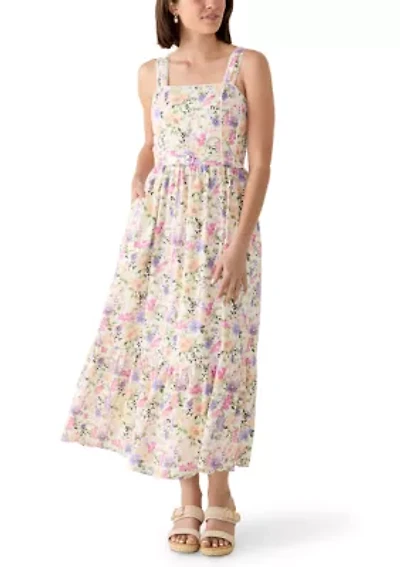 Women's Sleeveless Square Neck Floral Belted Midi Dress