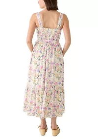 Women's Sleeveless Square Neck Floral Belted Midi Dress