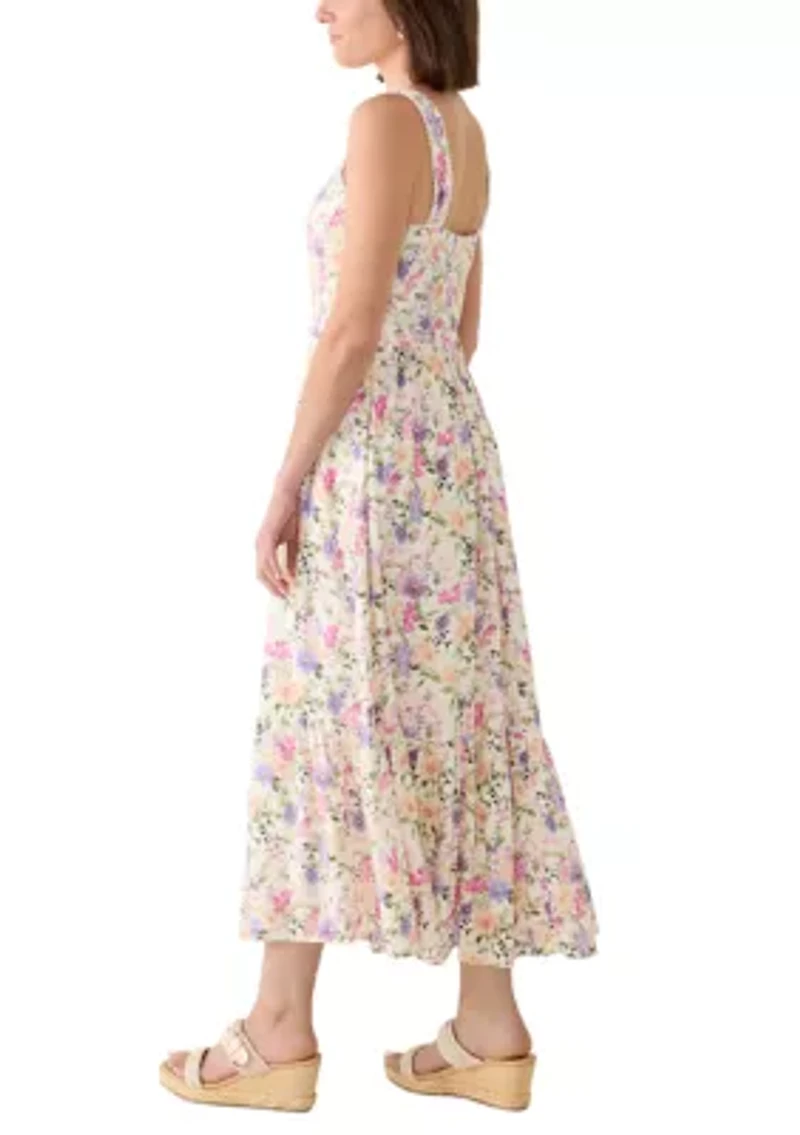 Women's Sleeveless Square Neck Floral Belted Midi Dress