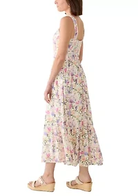 Women's Sleeveless Square Neck Floral Belted Midi Dress