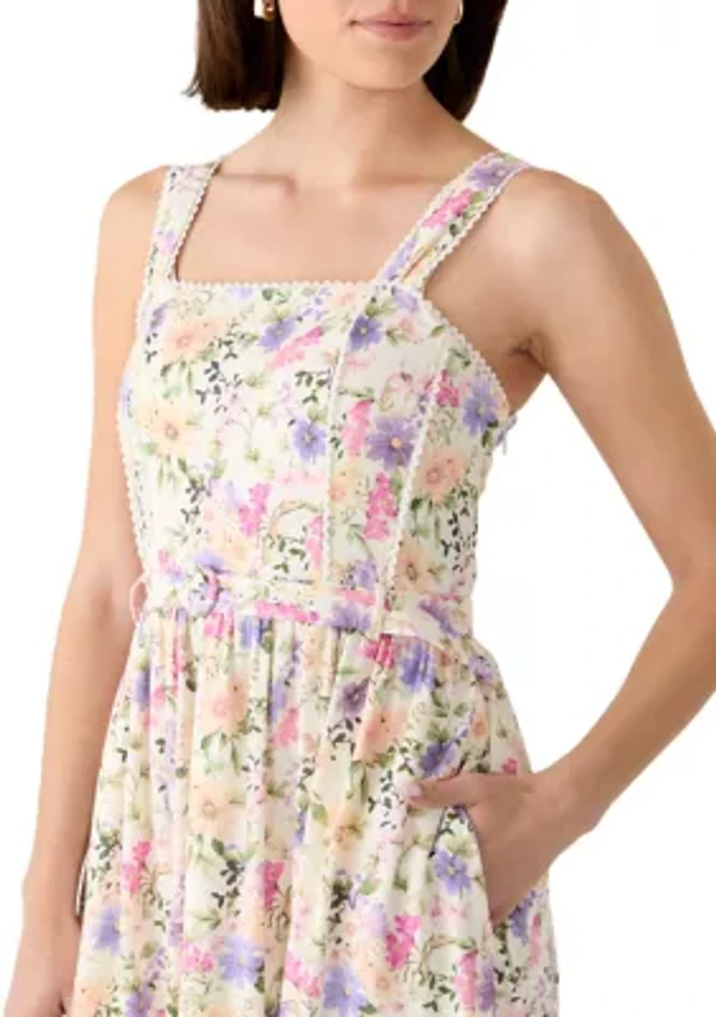 Women's Sleeveless Square Neck Floral Belted Midi Dress