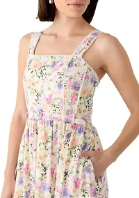 Women's Sleeveless Square Neck Floral Belted Midi Dress