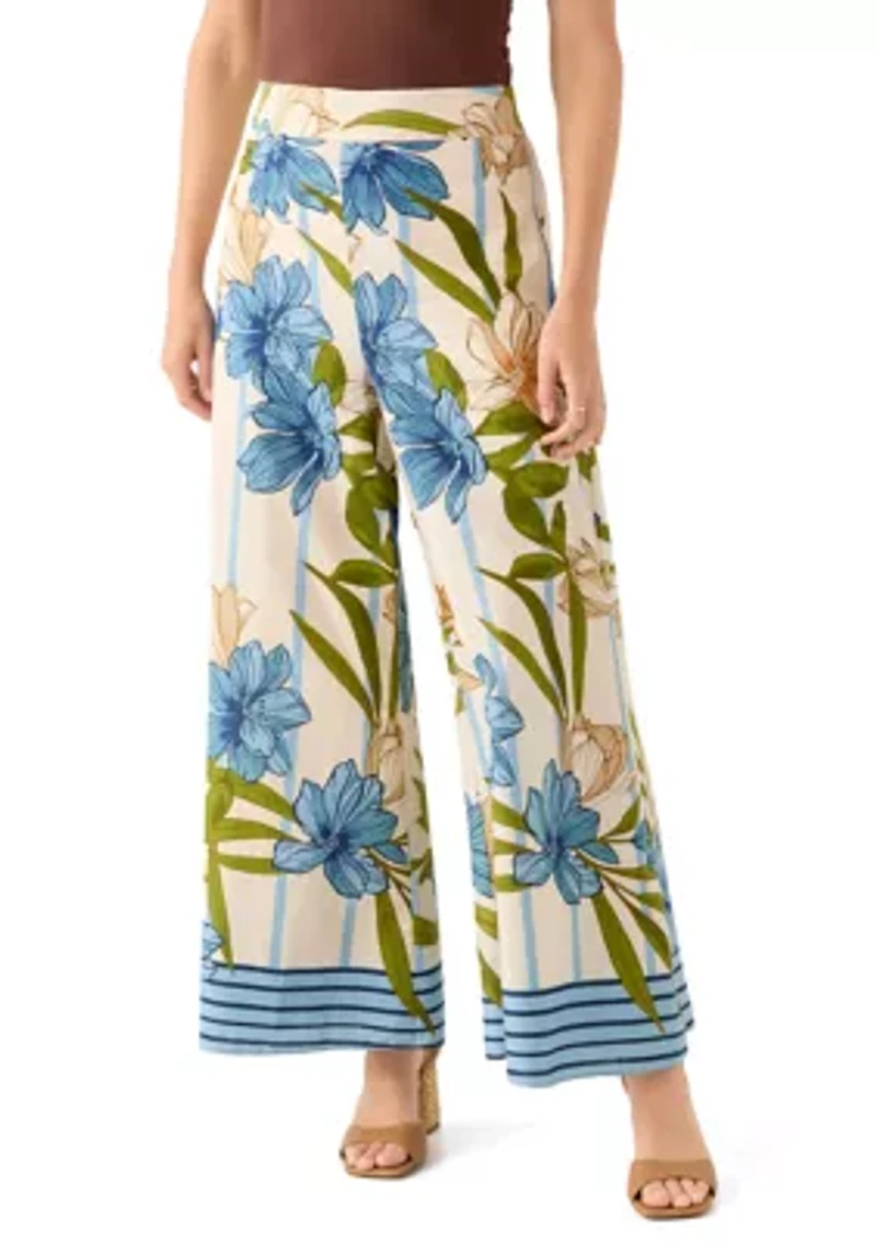Women's Stripe Border Floral Printed Wide Leg Pants