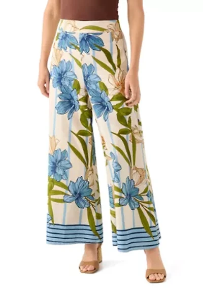 Women's Stripe Border Floral Printed Wide Leg Pants