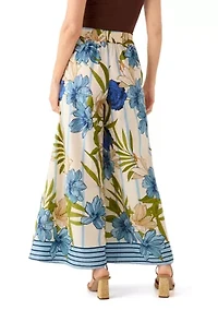 Women's Stripe Border Floral Printed Wide Leg Pants