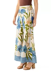 Women's Stripe Border Floral Printed Wide Leg Pants