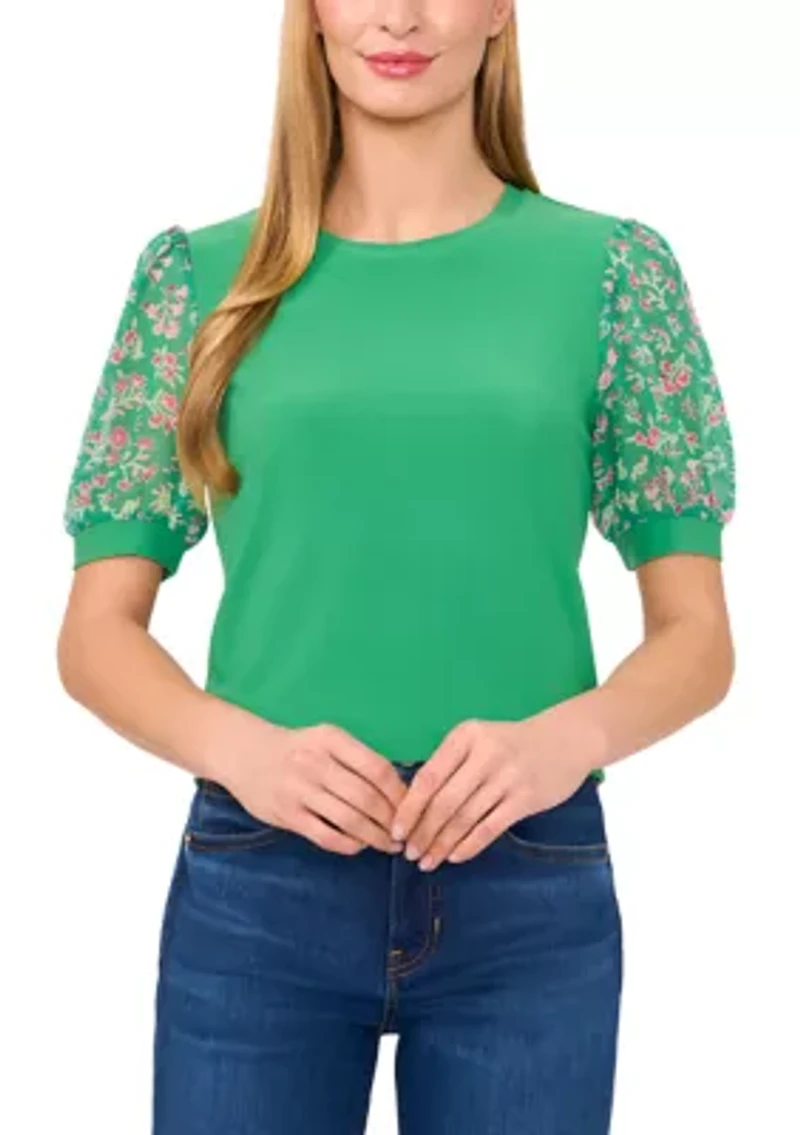 Women's Mix Media Floral Sleeve Knit Top