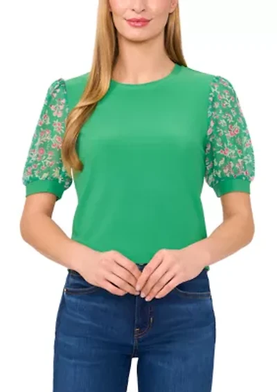Women's Mix Media Floral Sleeve Knit Top